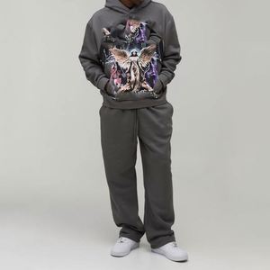 Sweat-shirt à capuche et pantalon de survêtement gris à imprimé ange, ensemble deux pièces personnalisé pour homme - Product Image 1