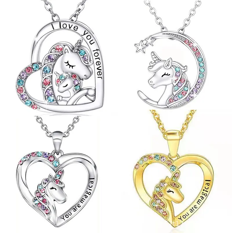 Hip Hop Jewelry Miami Unicorn Heart Shape Pendant Necklace Crystal Rhinestone Jewelry