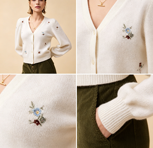<span class=keywords><strong>Cardigan</strong></span> Ricamato Floreale Vintage in Maglia Simil-Mohair, Scollo a V, Vestibilità <span class=keywords><strong>Slim</strong></span>, Morbido, Stile Cottagecore, Elegante, Bianco - Product Image 3