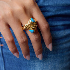 Geometric Gold Stainless Steel <b>Ring</b> With Blue <b>Turquoise</b> Inlay Unisex Fashion Jewelry Gift - Product Image 2