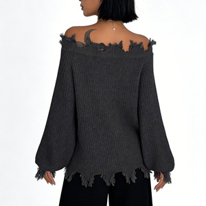 เสื้อสเวตเตอร์แฟชั่นสำหรับผู้หญิง แขนยาว คอวี แต่งลูกไม้ สีพื้น สำหรับฤดูใบไม้ร่วง/ฤดูหนาว - Product Image 2