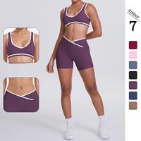 Celana Yoga Pendek Pinggang Sedang Anti Kusut Berbahan Spandex/Nilon, Model Ketat, Bernapas, Warna-Blok, Dua Sisi, Tekstur Halus, Cocok untuk Olahraga Lari