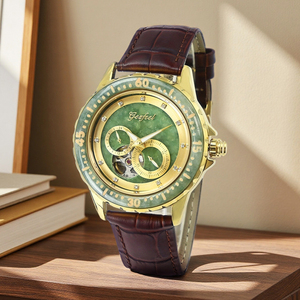 Montre automatique mécanique en acier inoxydable avec cadran en jade, verre 20 mm, pour homme, lunette lumineuse, bracelet style affaires, luxe ajouré doré - Product Image 5