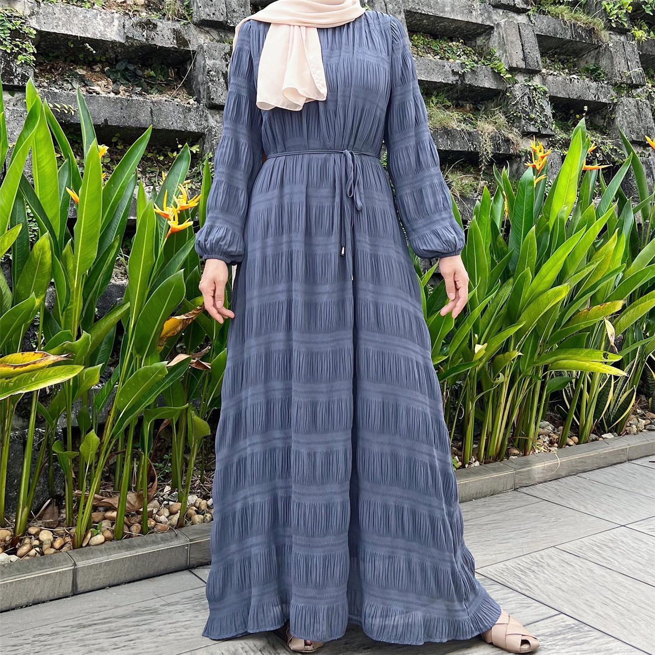 open lace back dress Soft Wedding Dress Full Sleeves Pleated Lace Appliques Muslim -