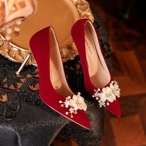 8777H-003 Pointed Toe Stiletto <b>Heel</b> <b>Red</b> Velvet Wedding Shoes With Flower Decoration Elegant Formal Wear - Product Image 2