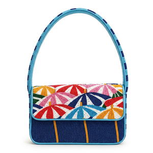 Bolso de Hombro ALI FASHION ART, Hecho a Mano, Bordado, Lavable, con Cuentas de Vidrio, Diseño de Sombrilla Rectangular, Ribete Azul - Product Image 1