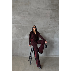 Ensemble décontracté 2 pièces scintillant bordeaux : chemise et pantalon assortis - Product Image 5