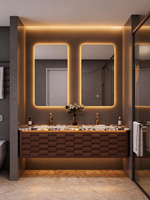 Ensemble de meubles de salle de bain de luxe moderne de style italien, en chêne, avec vasque double murale en pierre naturelle, personnalisable