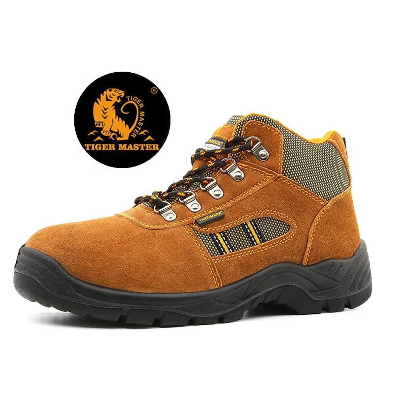 Dark brown suede leather anti slip oil chemical resistant prevent puncture men safety shoes lightweight steel toe cap