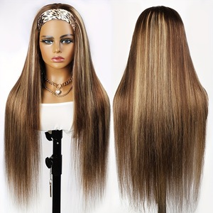 Peluca de cabello humano 100% de 14-24 pulgadas de largo recto de seda helada diadema de <span class=keywords><strong>pelo</strong></span> #4/27 marrón oscuro <span class=keywords><strong>caramelo</strong></span> prearrancado pelucas de mujeres americanas - Product Image 3