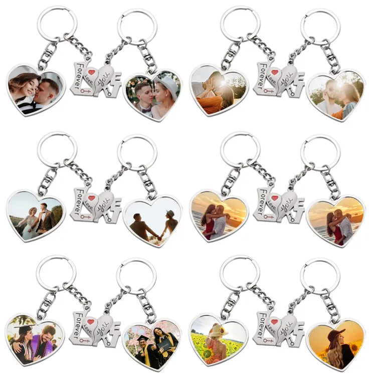 DIY Photo Keyring Custom Printed Lovers Keychains Pendants in Round Heart Sublimation Blank Metal Couple Key chain