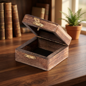 Boîte d'emballage décorative de luxe carrée personnalisable en bois de manguier/pêche/acacia, finition antique, faite à la main, gravée, BTR228 - Product Image 1