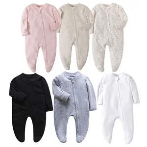 女婴衣服0-3个月实心长袖睡衣100% 纯棉婴儿衣服批发