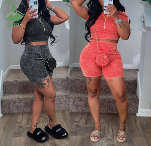 Bộ đồ thể thao nữ 2 mảnh, chất liệu acid wash, kiểu dáng năng động, áo crop top cổ tròn và quần short, bộ đồ tập gym, bộ đồ chạy bộ - Product Image 2