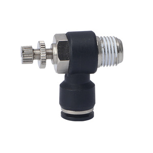 Conector neumático de conexión rápida tipo L, válvula de aceleración, tamaño de puerto de 1/4 pulgadas, serie SL, negro, para gas a temperatura normal - Product Image 1