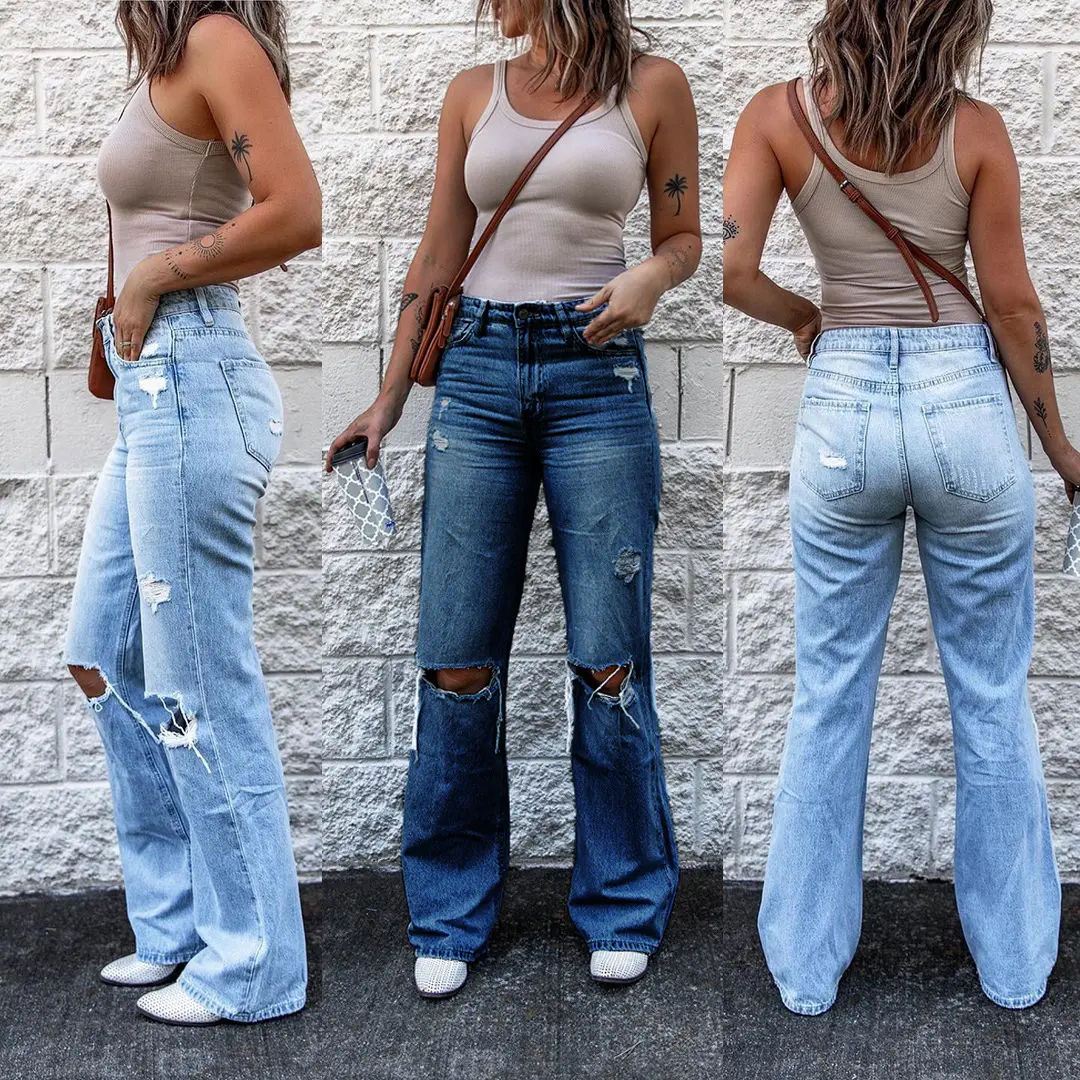 Quites Women'S Jeans 2023 INS Denim Ripped High-Waisted Retro Slim-Fit Denim Flares Overall Jeans Jumpsuit Denim Women