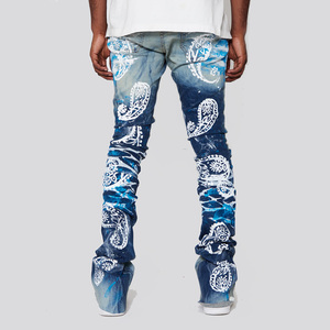 AeeDenim Diseñadores personalizados <span class=keywords><strong>Jeans</strong></span> Hombres Stacked Extendo Flared Screen Print Aguacate Slim <span class=keywords><strong>Tapered</strong></span> Denim <span class=keywords><strong>Jeans</strong></span> Hombres Pantalones largos - Product Image 2