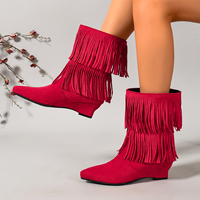 Bottines mi-mollet à franges pour femmes, bout pointu, design à deux couches de franges, talon compensé, style western tendance, pour les soirées et le quotidien