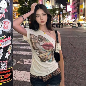 Y2K ลายพิมพ์สัตว์ ระบายอากาศได้ดี ไหล่เฉียง แขนสั้น เสื้อยืดฤดูร้อน สตรีท ลำลอง หลวม สบาย - Product Image 4