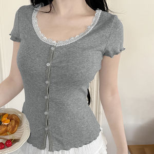 <b>Women</b> Lace Trim Button Front Openwork Knit Long Sleeve <b>T</b> <b>Shirt</b> Top Casual Slim Fit Elegant Street Fashion - Product Image 6