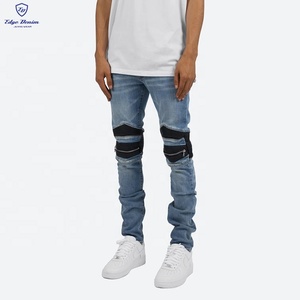 Bordo DENIM personalizzato blu nero con cerniera in <span class=keywords><strong>pelle</strong></span> plissettata Moto Biker <span class=keywords><strong>Jeans</strong></span> da uomo - Product Image 4