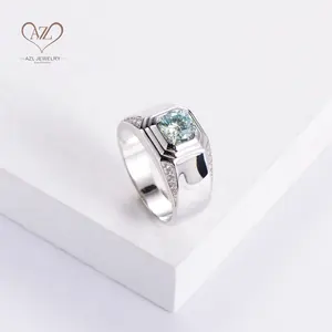 AZL CZ Jewelry Brass Silver Light Blue Big Moissanite Diamond Engagement Wedding Rings For Men