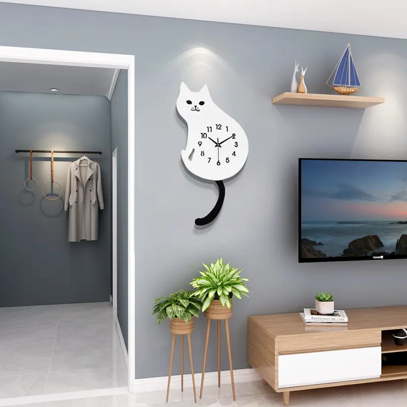 モダンなデザインユニークなサイレントキッズ壁掛け時計バージかわいい猫サイレント木製壁掛け時計家庭用