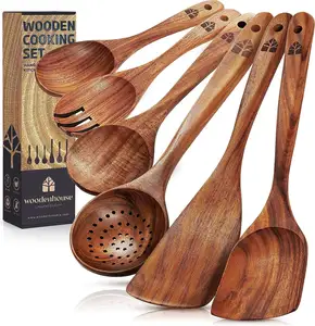 Kitchen Eco-friendly 6pcs Soft Grip Non-toxic Natural Teak Wooden Spatula Spoons Set For Cooking Non-Stick Pan Utensils Tools