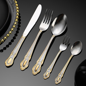 Ensemble de couverts occidentaux en acier inoxydable plaqué or, couteaux à dessert, fourchettes, cuillères, design élégant rétro - Product Image 1