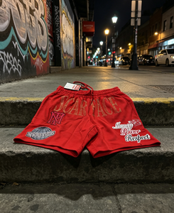 Pantaloncini in cotone rosso anti-piega, vintage, traspiranti, in tessuto pettinato, stile streetwear, con strass <span class=keywords><strong>Scarface</strong></span> e grafiche applicate, servizio OEM - Product Image 1