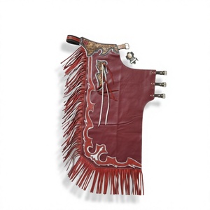 Pantalones de montar de cuero rojo con flecos y diseño floral grabado, cierre de botón, estilo western para rodeo, para hombres y mujeres - Product Image 1