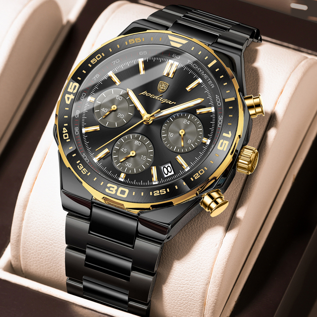 Poedagar 697 Black Gold Men's Luxury Chronograph Quartz Watch Steel Luminous Date 3ATM Waterproof Casual Sport Factory Wholesale