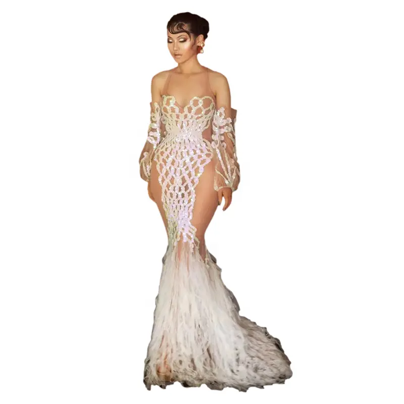 Sexy Luxus Illusion rücken freie Spitze Meerjungfrau Brautkleider mit Federn Elegantes Brautkleid vestidos de noiva de fiesta