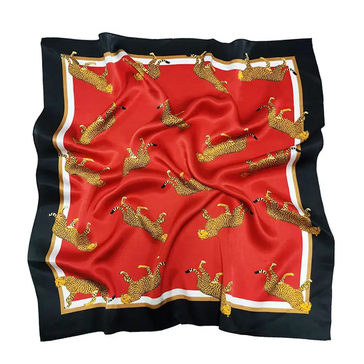 OEM Digital Print Hot Red Scarf With Animal Pattern Scarf Designers Head 100% Silk Satin Scarves Custom