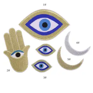 Hot sell high quality metallic gold and silver embroidery evil eye moon patch for bags garments