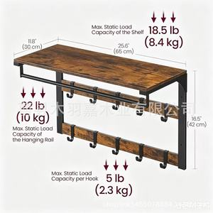 <b>Wood</b> And Iron Combination Wall Mounted <b>Coat</b> Rack With <b>Hooks</b> For Home Entryway Storage And Clothing Organizer - Product Image 4