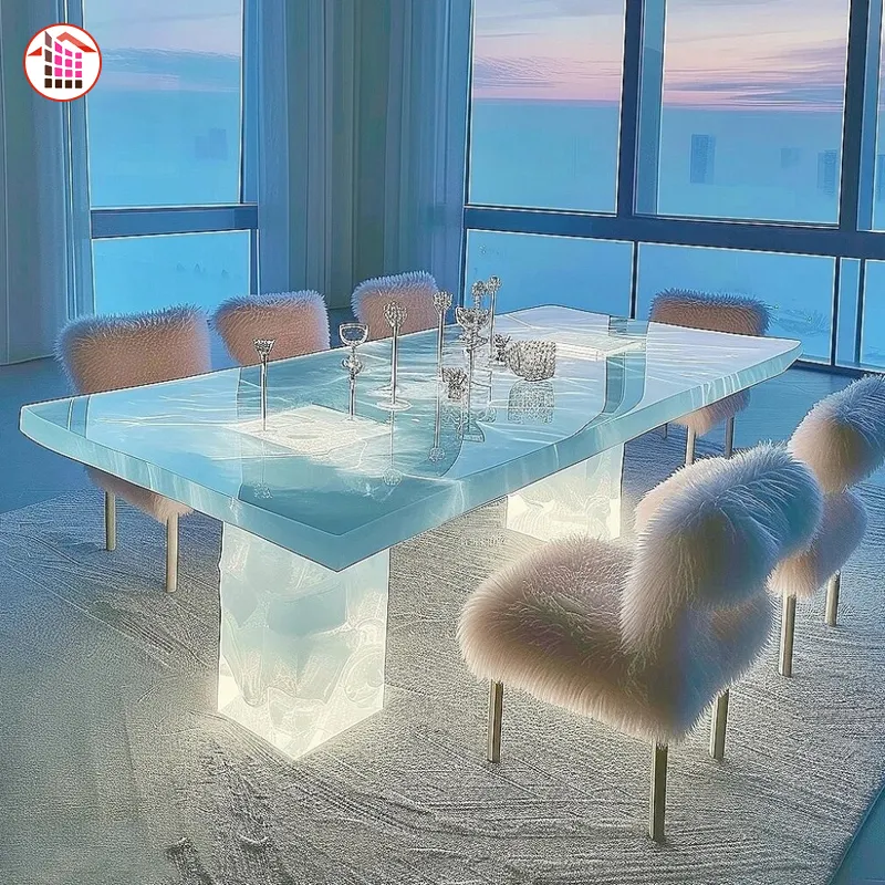 High quality luxury translucent stone dining table backlit crystal dining table translucent onyx marble custom dining table