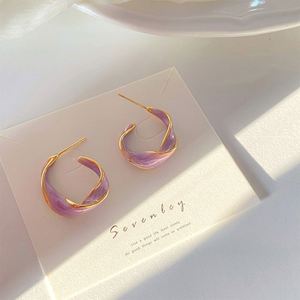 New Simple Gold Plated Irregular Semi Circle Hoop <b>Earring</b> Enamel Purple Oil Dripping Twist C Shape <b>Stud</b> <b>Earring</b> - Product Image 3