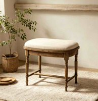 Tabouret rembourré en bois vintage avec coussin en tissu beige, repose-pieds rembourré, pieds tournés pour chambre, entrée, salon, mobilier de maison