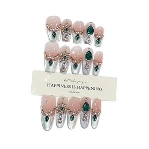 Faux ongles portables faits main, nouvelle collection été, style Palais de <span class=keywords><strong>Versailles</strong></span>, zircon champagne, diamant vert, ultra-fins, sans trace, élégants - Product Image 5