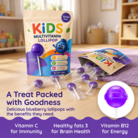 Vitahall Kids Multivitamines en Sucettes Sans Sucre Saveur Myrtille, Vitamine C Oméga 3 B12 pour le Soutien Immunitaire, Cérébral et Énergétique 300g