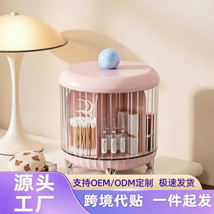 Cosmetic <b>Storage</b> Box Rotating Shelf With <b>Drawers</b> Desktop Organizer For Makeup Lipstick Perfume <b>Plastic</b> Pink And Milky White - Product Image 4