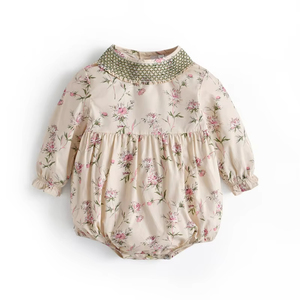 <b>Vintage</b> Knitted Cotton Baby Girls Smocked Floral Romper Infant Long Sleeve Autumn <b>Jumpsuit</b> Ruffle Collar Button Closure Birthday - Product Image 1