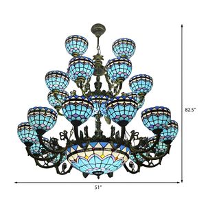 Blue Tiffany Bowl Chandelier 3 Tiers <strong>Upward</strong> <strong>Lighting</strong> Bedroom Living Room Hanging <strong>Lighting</strong> in Bronze Finish - Product Image 3