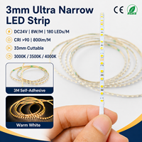 Bande LED super fine de 3 mm, 24 V, flexible, 180 LED/m, haute densité, éclairage sous armoire pour étagères et placards