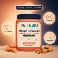 Complément alimentaire multivitaminé quotidien pour chat PEITEBIO, comprimés à mâcher, saveur saumon, taurine, oméga-3, soutien du cœur, de la vue, de la peau et du pelage, 90 comprimés
