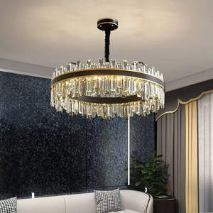 Fantaisie Moderne Hôtel Salon Finition Noire Ronde Multy Anneau Connecté Cristal Pendentif Lumière - Product Image 5
