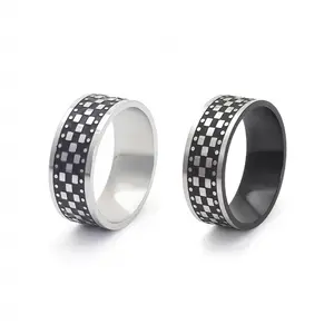 High Quality Stainless Steel Black White Checkerboard Chess Board Plaid Rings for Men