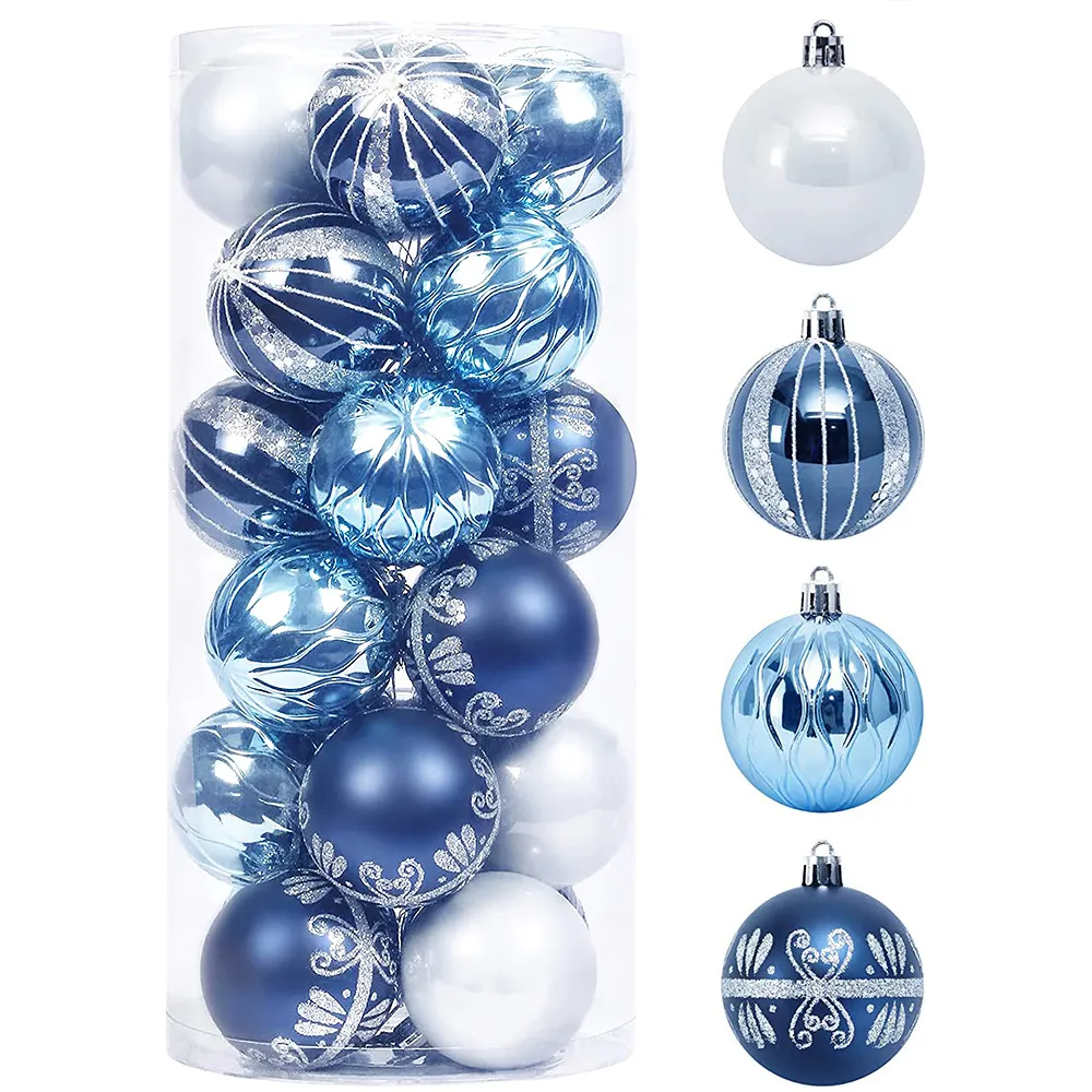 Bolas de plástico decorativas para adorno de árbol de Navidad, bolas azules inastillables de 6cm, 24 unidades, venta al por mayor