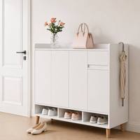 Meuble de rangement à chaussures blanc moderne et minimaliste pour entrée, 4 étagères réglables, compartiment pour bottes, charnières lisses, base aux coins arrondis